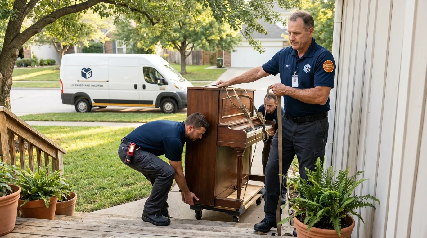 Licensed piano movers securing grand piano in Litchfield, NH
