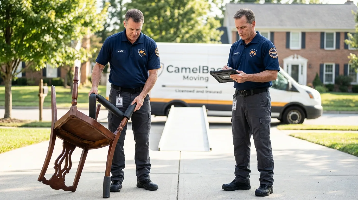 Movers inspecting furniture for damage prevention before loading in Litchfield, NH