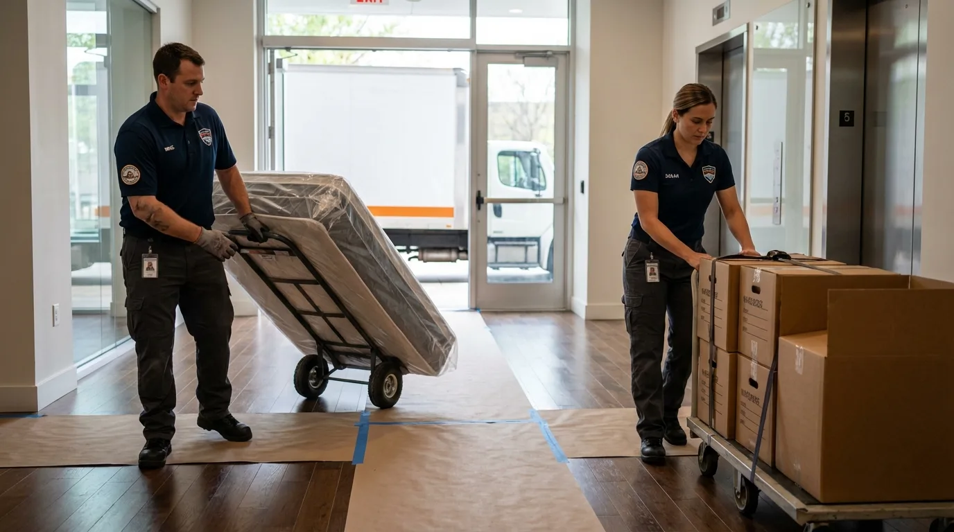 Professional apartment movers loading elevator in Litchfield, NH