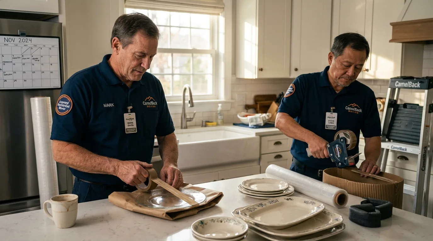 Professional crew packing kitchen dishware in Litchfield, NH